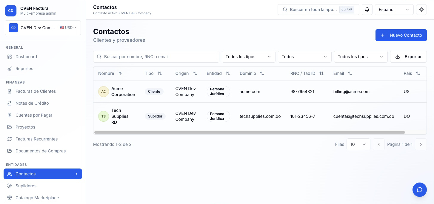 Contactos en CVEN Factura