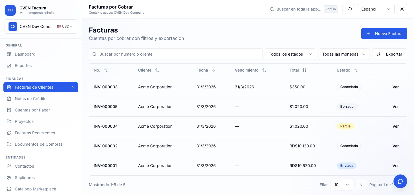 Gestión de facturas en CVEN Factura